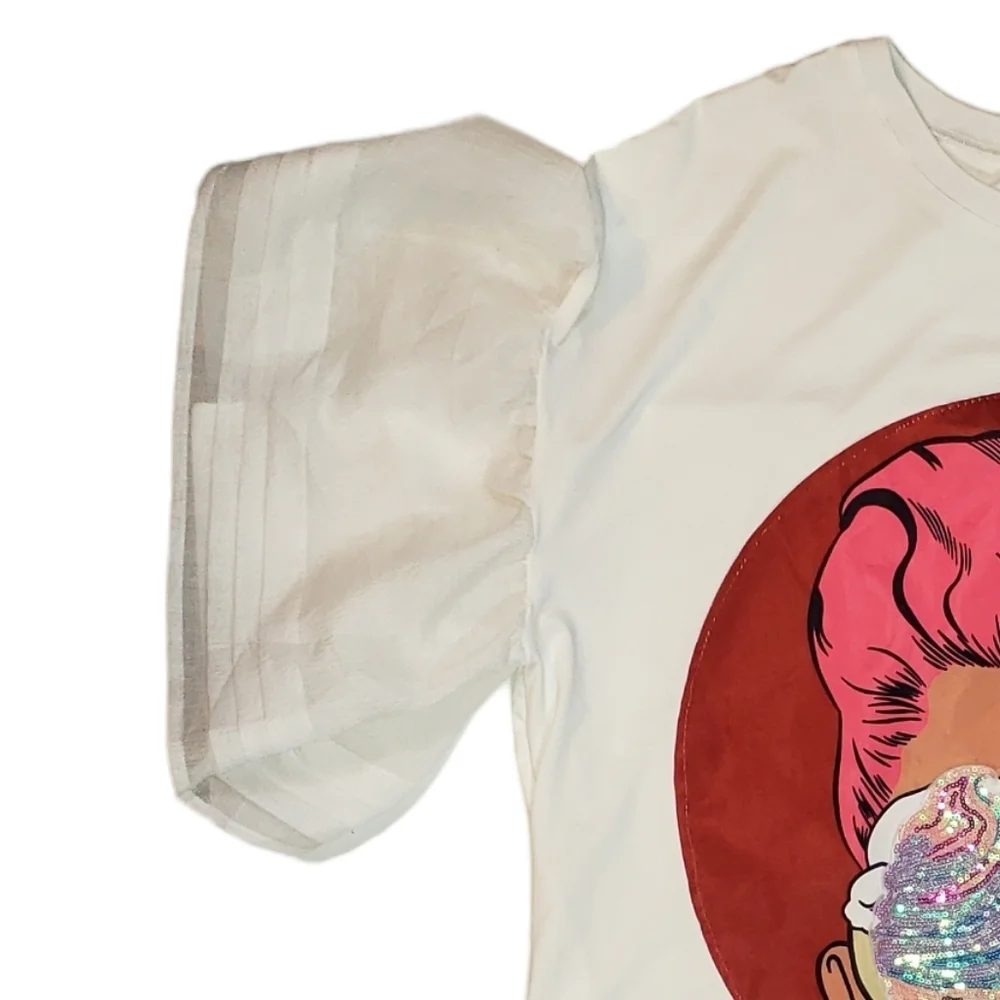 Novelty Print Sequin T-Shirt Mini Dress Size 2X ? Ice Cream Tassels Bell Sleeve - Picture 9 of 14